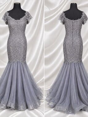Madeline Gardner NY Lace Overlay Sequins Tulle Mermaid Gown Formal Sz 10 Gray